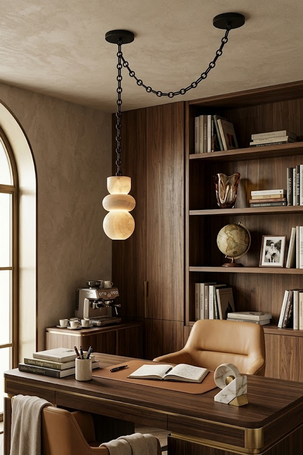 Celestial Alabaster Chandelier | Alabaster, Metal | Single pendant version in a dark wood home office | vexa lamps