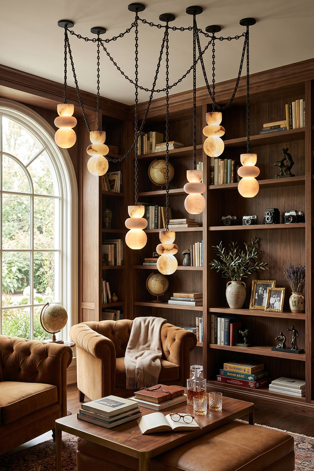 Celestial Alabaster Chandelier | Alabaster, Metal | Grand multi-light fixture in a traditional library interior | vexa lamps