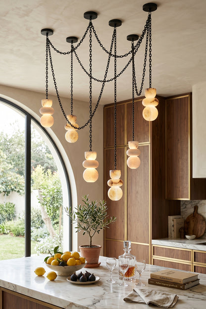 Celestial Alabaster Chandelier | Alabaster, Metal | Cluster lighting over a marble kitchen island | vexa lamps