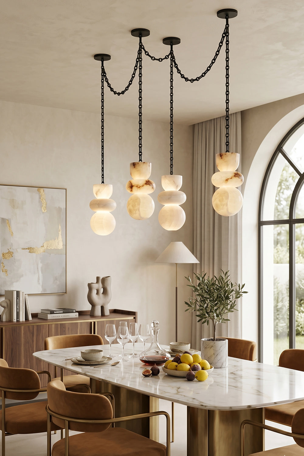Celestial Alabaster Chandelier | Alabaster, Metal | Multi-pendant lighting over an oval marble dining table | vexa lamps