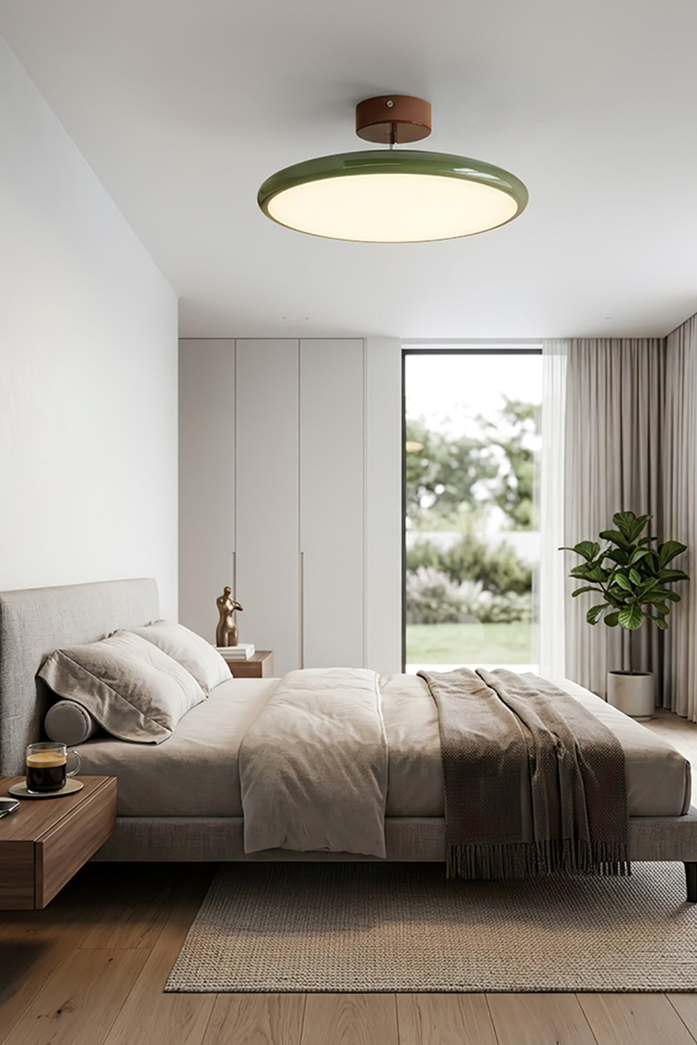 Celestial Disc Lacquered Ceiling Light | Acrylic, Metal | A broader view of the modern bedroom from Image 2, looking towards the large windows with the illuminated ceiling light against a serene background | vexa lampsCelestial Disc