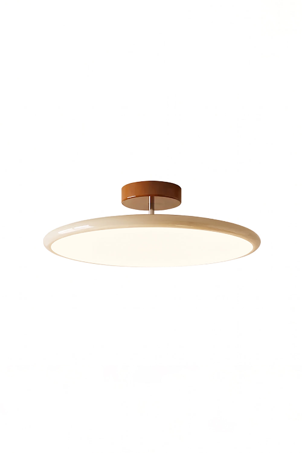Celestial Disc Lacquered Ceiling Light | Acrylic, Metal | Illuminated large circular disc light with white diffuser, beige lacquered trim, and dark wood-finish canopy | Isolated product shot on white background | vexa lampsCelestial Disc