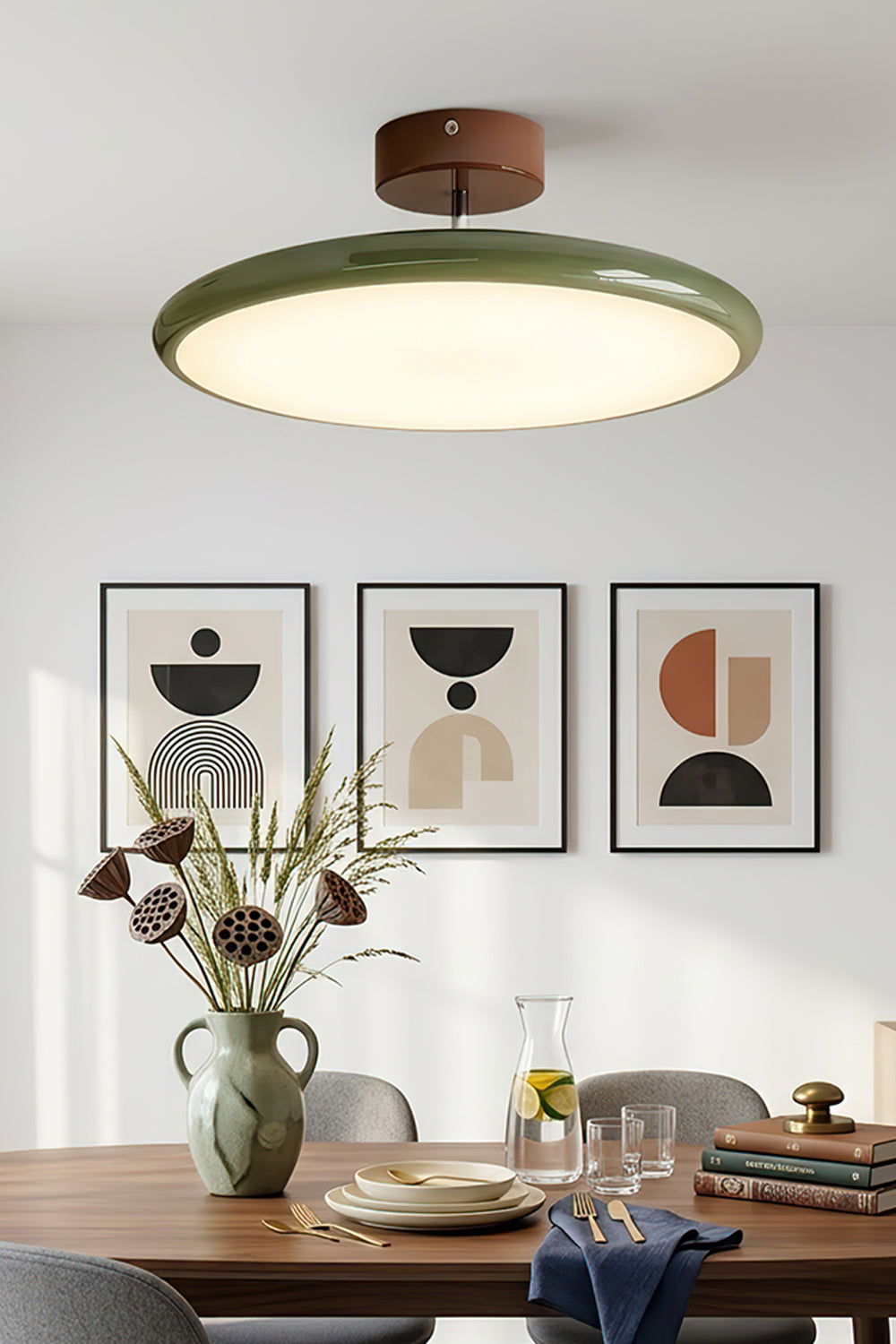 Celestial Disc Lacquered Ceiling Light | Acrylic, Metal | Beige lacquered trim variant installed and illuminated in a clean, contemporary kitchen with white cabinets and stainless steel appliances | vexa lampsCelestial Disc