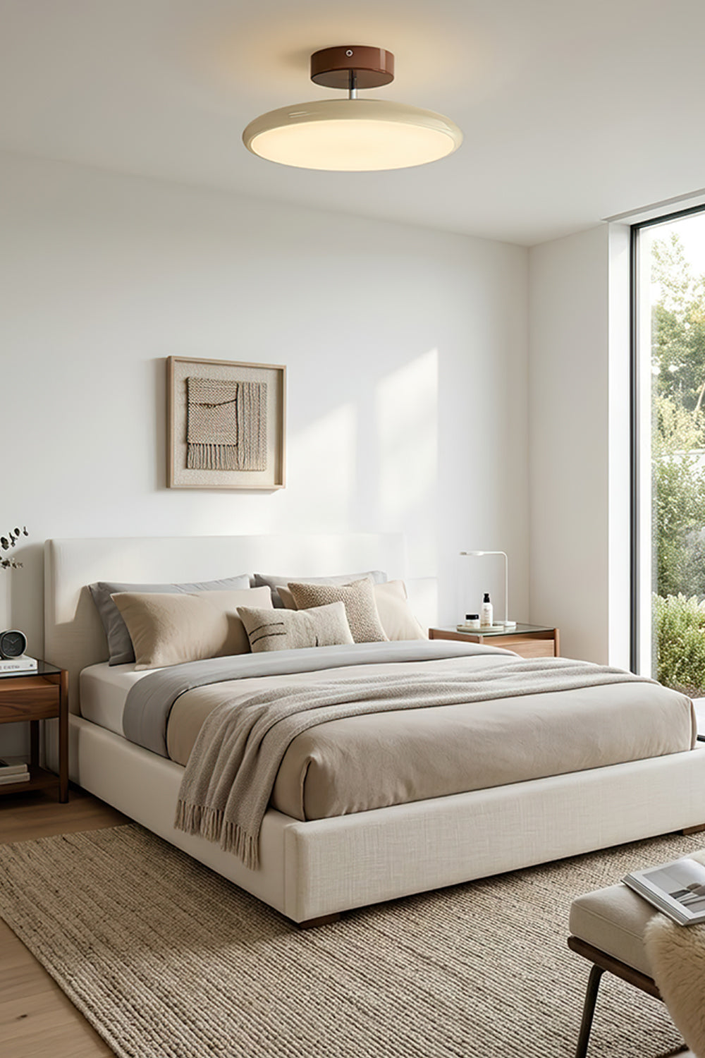 Celestial Disc Lacquered Ceiling Light | Acrylic, Metal | Installed and illuminated light providing warm ambiance in a clean, modern bedroom with neutral tones and a tufted headboard bed | vexa lampsCelestial Disc
