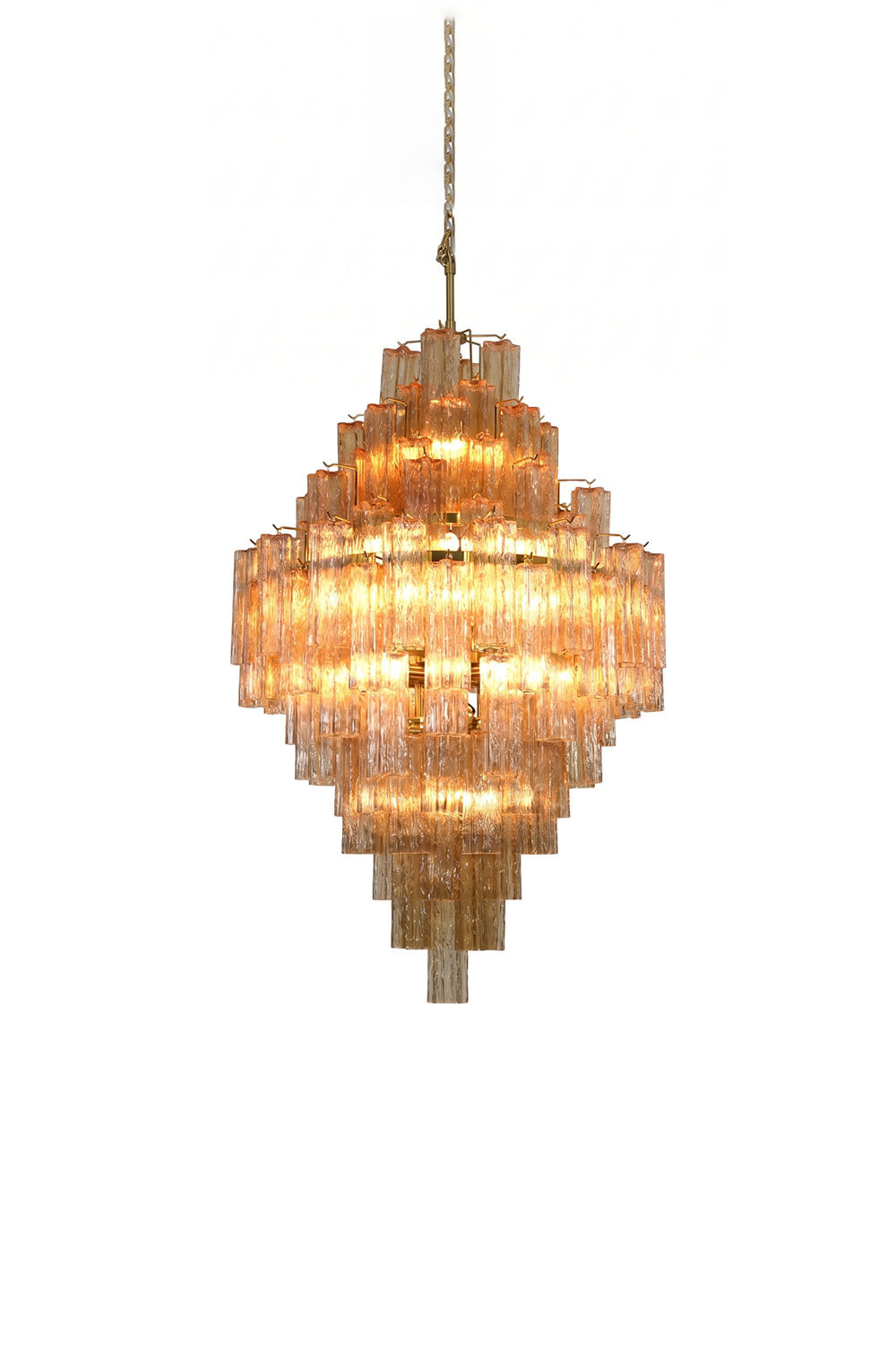 Celestial Glass Cascade Chandelier showcases fluted glass tubes in a stunning diamond configuration, ideal for grand foyers.