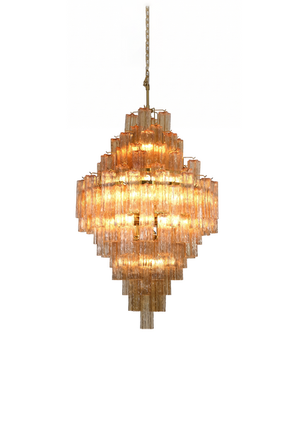 Celestial Glass Cascade Chandelier showcases fluted glass tubes in a stunning diamond configuration, ideal for grand foyers.