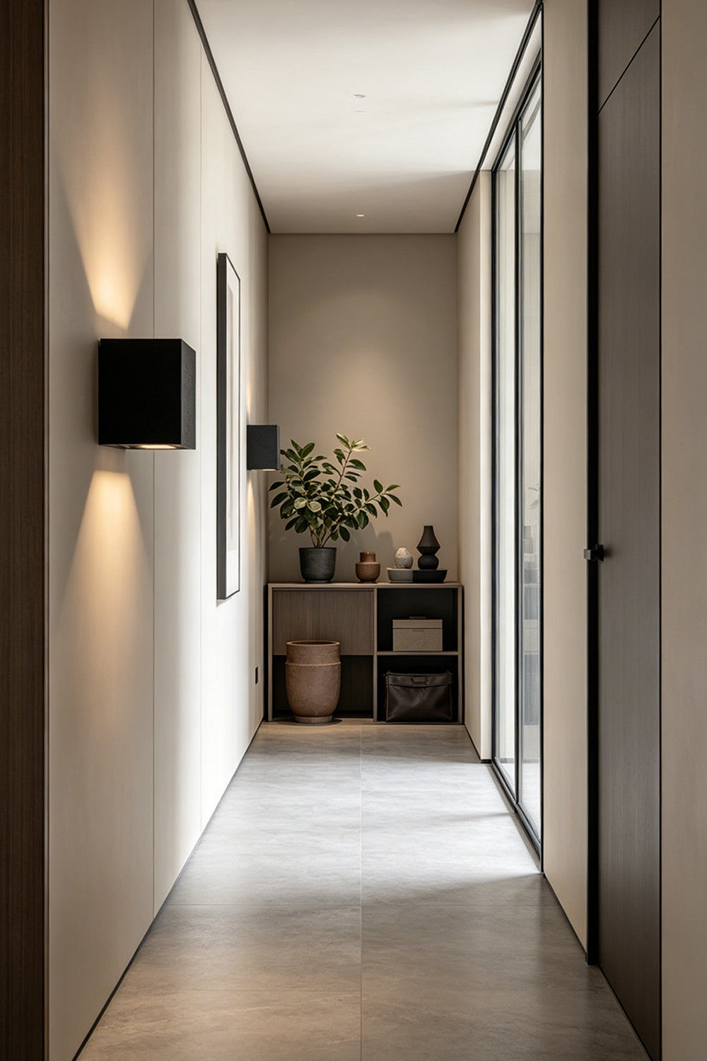 Celestial Tectonic Black Travertine Wall Lamp | Black Travertine | Wall installation in a long minimalist hallway | vexa lamps