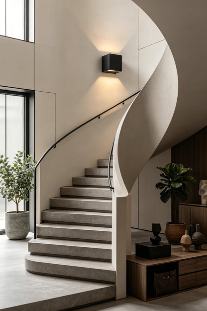 Celestial Tectonic Black Travertine Wall Lamp | Black Travertine | Mounted on wall beside a modern spiral staircase | vexa lamps