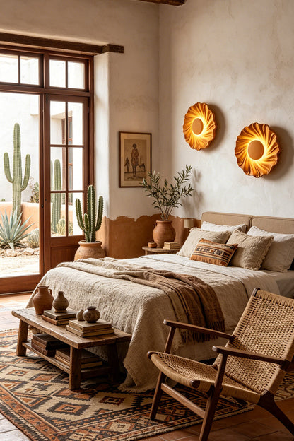Centripetal Solstice Metal Wall Lamp | Metal, Resin | A pair of wood grain textured lamps used as bedside lighting in a cozy, bohemian-style bedroom with a woven armchair and woven textiles | vexa lamps