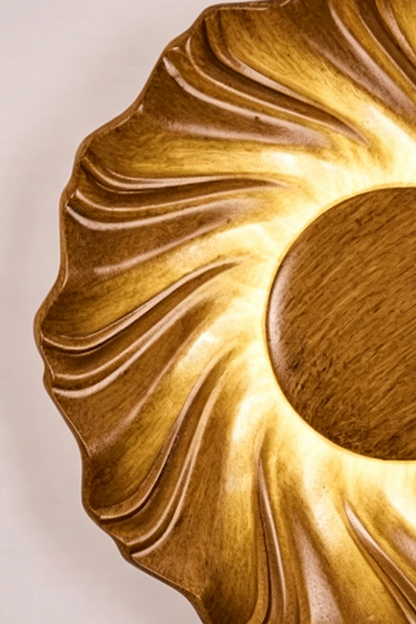 Centripetal Solstice Metal Wall Lamp | Metal, Resin | Close-up of the wood grain textured lamp, showing the detailed resin surface and the central disc | vexa lamps