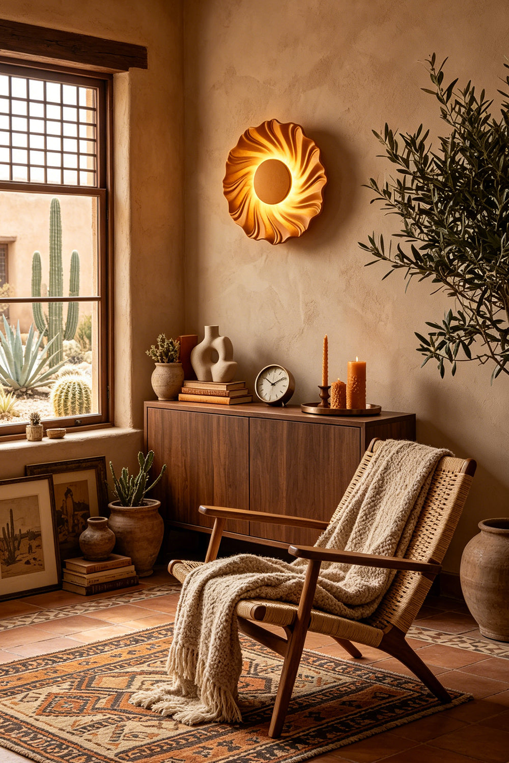 Centripetal Solstice Metal Wall Lamp | Metal, Resin | Black textured lamp providing warm glow on a textured plaster wall in a southwestern-style living room with a wooden armchair and potted plants | vexa lamps
