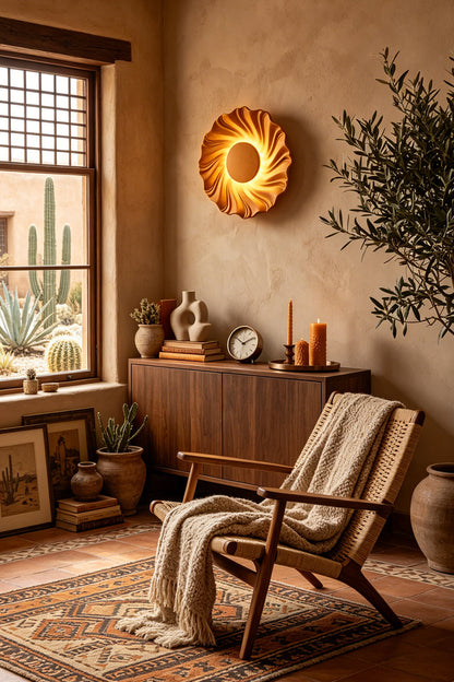 Centripetal Solstice Metal Wall Lamp | Metal, Resin | Black textured lamp providing warm glow on a textured plaster wall in a southwestern-style living room with a wooden armchair and potted plants | vexa lamps
