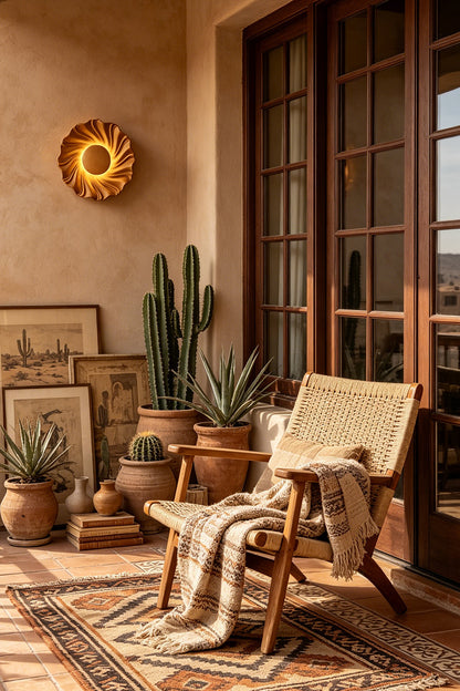 Centripetal Solstice Metal Wall Lamp | Metal, Resin | Wood grain textured lamp mounted on a patterned feature wall in a cozy southwestern-style living room | vexa lamps