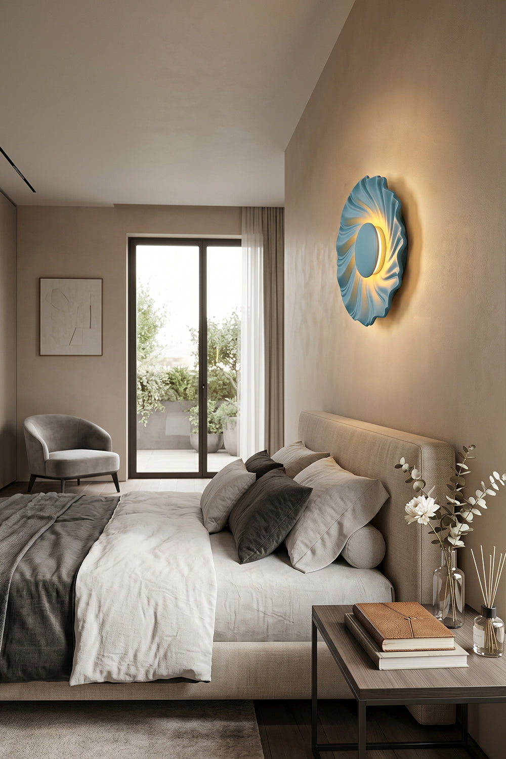 Centripetal Solstice Metal Wall Lamp | Metal, Resin | Blue textured lamp positioned as a bedside accent light in a minimalist modern bedroom with grey bedding and natural wood flooring | vexa lamps