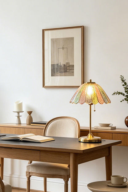 Clara Vintage Pastel Glass Table Lamp | Glass, Metal | Placed on a classic wooden desk below a framed sketch artwork in a bright minimalist home office | vexa lamps