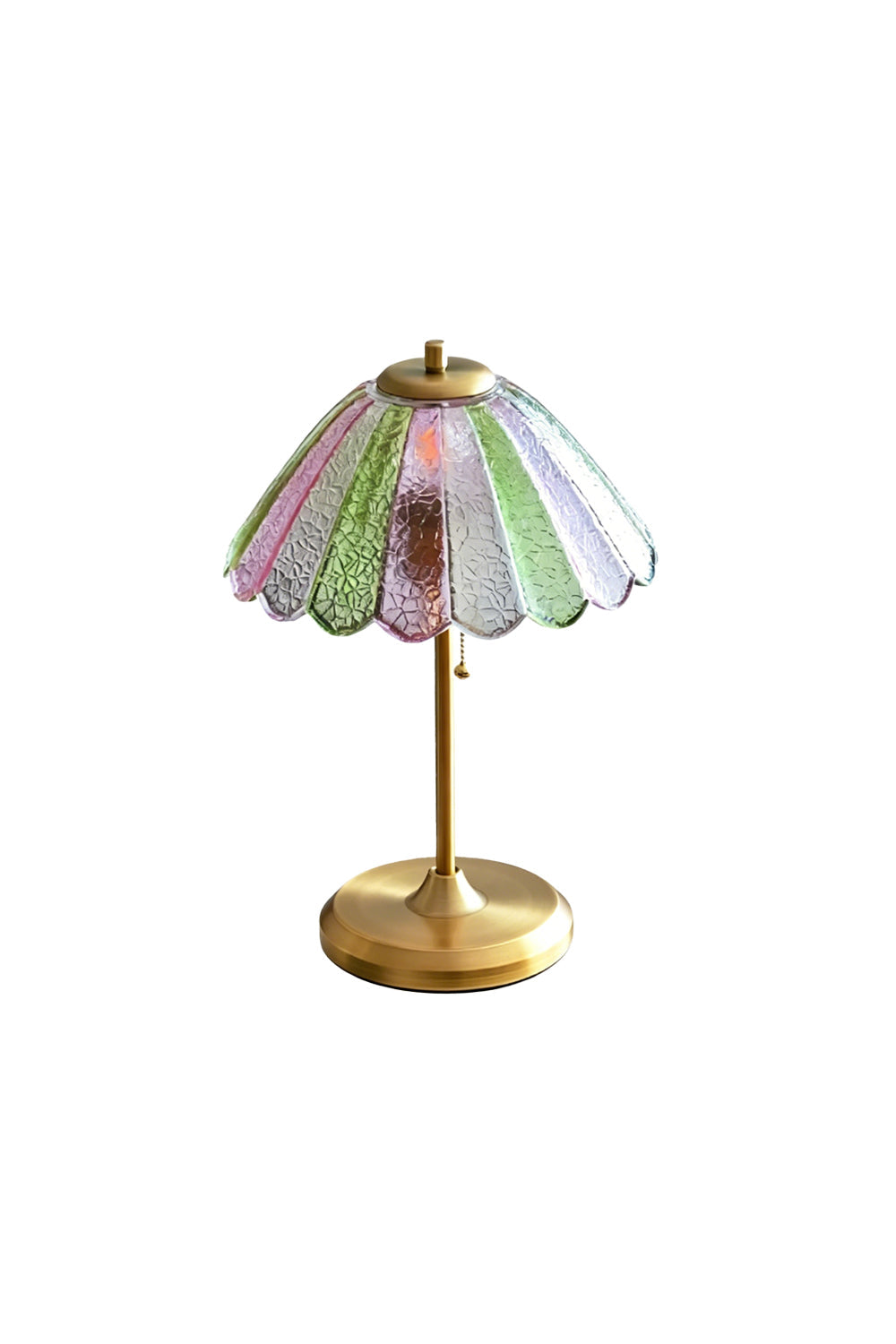 Clara Vintage Pastel Glass Table Lamp | Glass, Metal | Vintage-style desk lamp with a colorful scalloped pastel textured glass shade and a brushed brass base | Isolated lit product shot on white background | vexa lamps