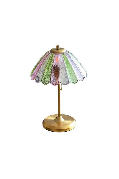 Clara Vintage Pastel Glass Table Lamp | Glass, Metal | Vintage-style desk lamp with a colorful scalloped pastel textured glass shade and a brushed brass base | Isolated lit product shot on white background | vexa lamps