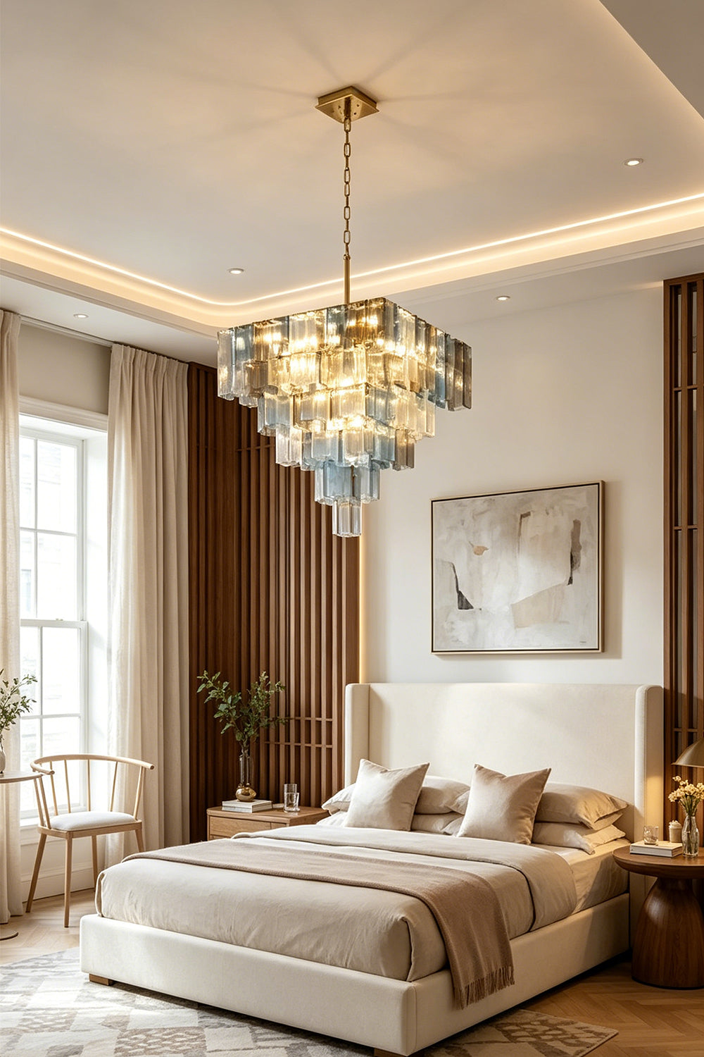 Clarissa Tiered Square Glass Chandelier | Luxury Bedroom Light | Providing a warm ambient glow above a modern platform bed with cream linens in a high-ceilinged elegant bedroom | vexa lamps