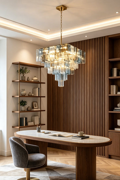 Clarissa Tiered Square Glass Chandelier | Home Office Lighting | Hanging as an elegant statement fixture in a refined home study above a curved wooden writing desk and executive chair | vexa lamps