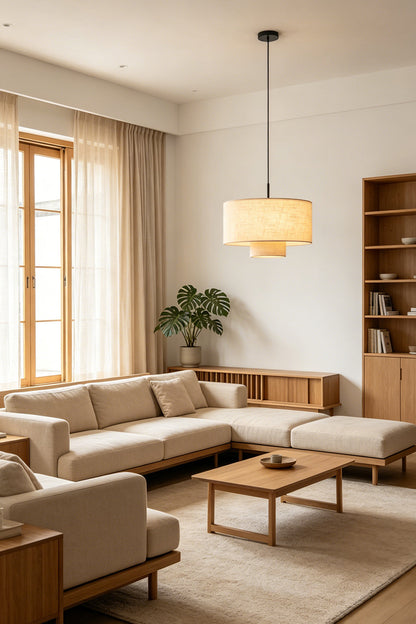 Concentric Veil Fabric Pendant Light | Fabric | Ambient lighting in a large living area with an L-shaped sofa | vexa lamps