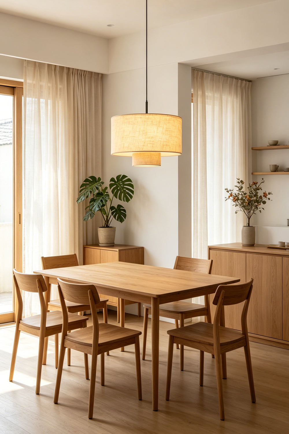 Concentric Veil Fabric Pendant Light | Fabric | Hanging above a dining set near a wooden storage cabinet | vexa lamps