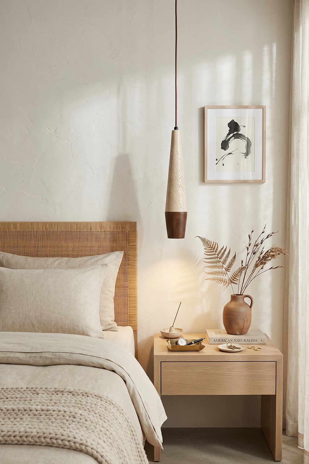 Conical Tiber Travertine Pendant Light | Travertine, Wood | Bedside hanging lamp in neutral bedroom | vexa lamps