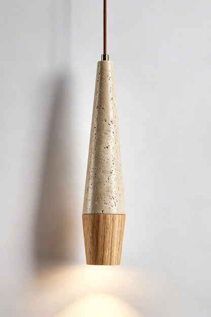Conical Tiber Travertine Pendant Light | Travertine, Wood | Light wood base detail, lit product shot | vexa lamps