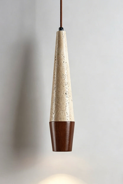 Conical Tiber Travertine Pendant Light | Travertine, Wood | Dark wood base detail, lit product shot | vexa lamps