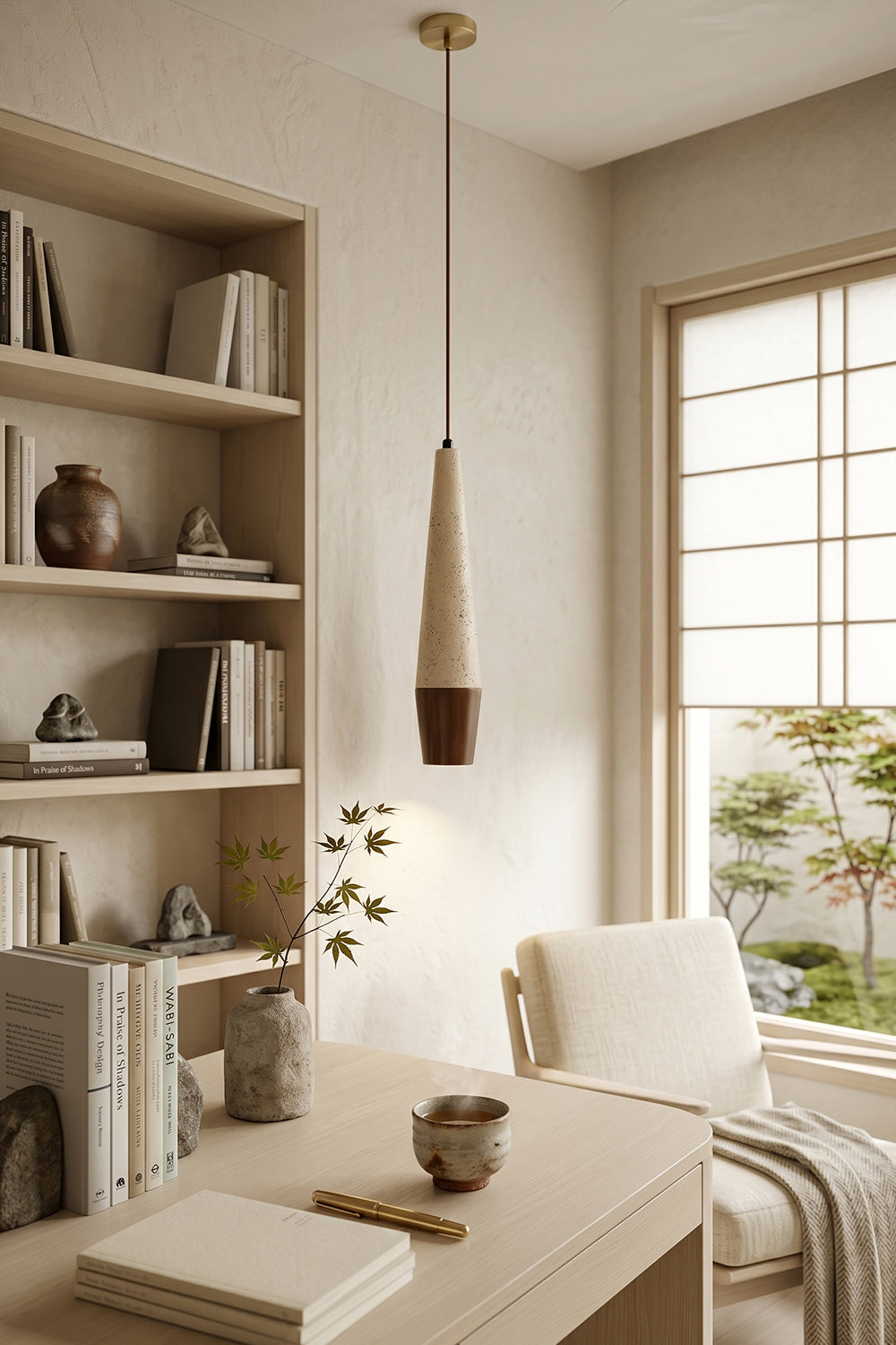 Conical Tiber Travertine Pendant Light | Travertine, Wood | Workspace lighting above home office desk | vexa lamps