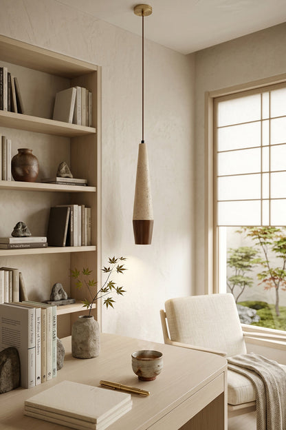 Conical Tiber Travertine Pendant Light | Travertine, Wood | Workspace lighting above home office desk | vexa lamps