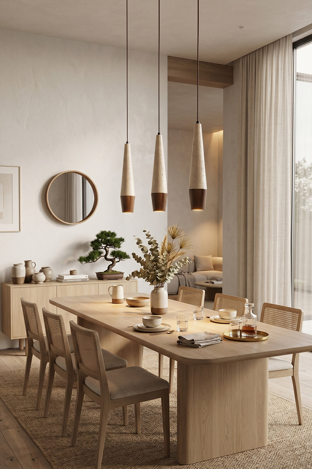 Conical Tiber Travertine Pendant Lights | Travertine, Wood | Group of three over dining room table | vexa lamps