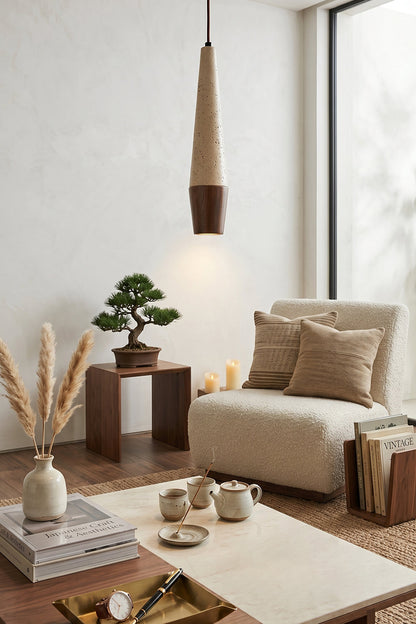 Conical Tiber Travertine Pendant Light | Travertine, Wood | Minimalist lounge area with bonsai and coffee table | vexa lamps