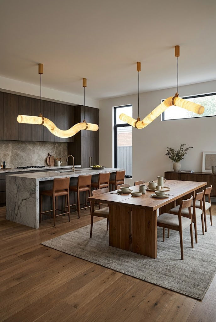 Artistic alabaster tube chandelier | Alabaster, Brass | Over a long wooden dining table in an open-plan home | vexa lamps
