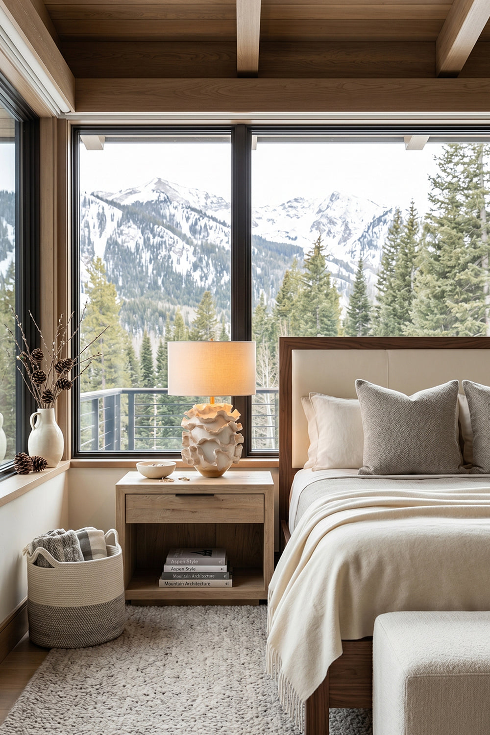 Coralia Ruffled Ceramic Table Lamp illuminating a cozy mountain bedroom with stunning views.