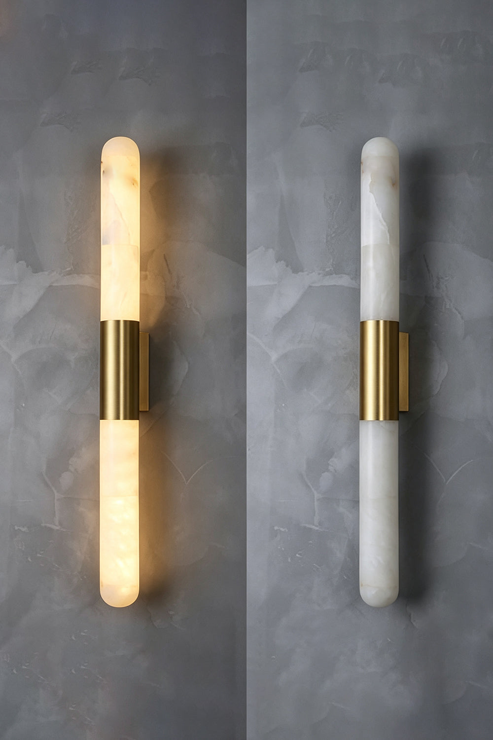 Corin Linear Alabaster Wall Sconce showcasing its natural alabaster design and gold-toned frame on a textured wall.