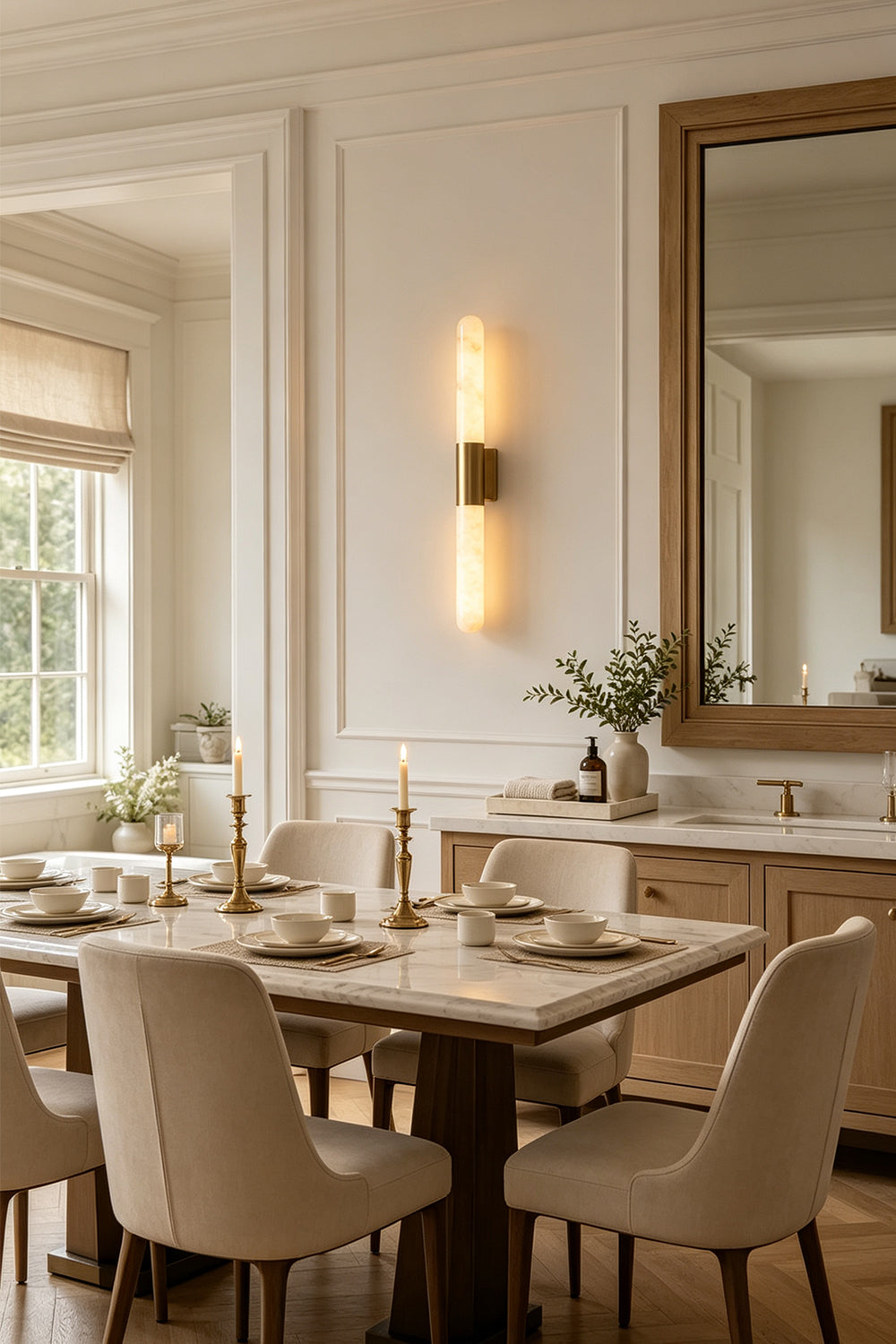 Corin Linear Alabaster Wall Sconce illuminating a modern dining room with natural decor and a large mirror.