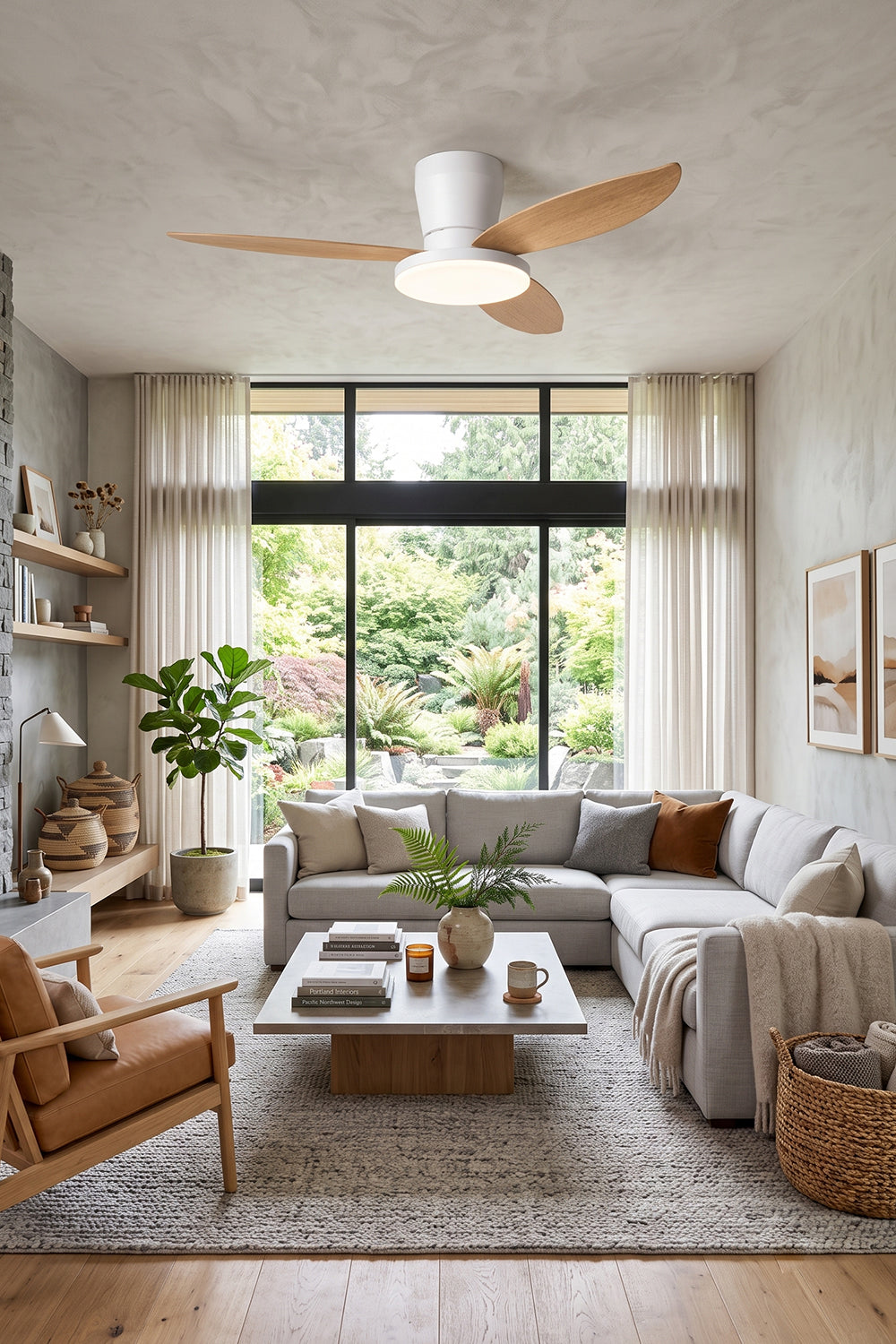 Corin Low-Profile Ceiling Fan Light installed in a modern living room with natural light and stylish decor.