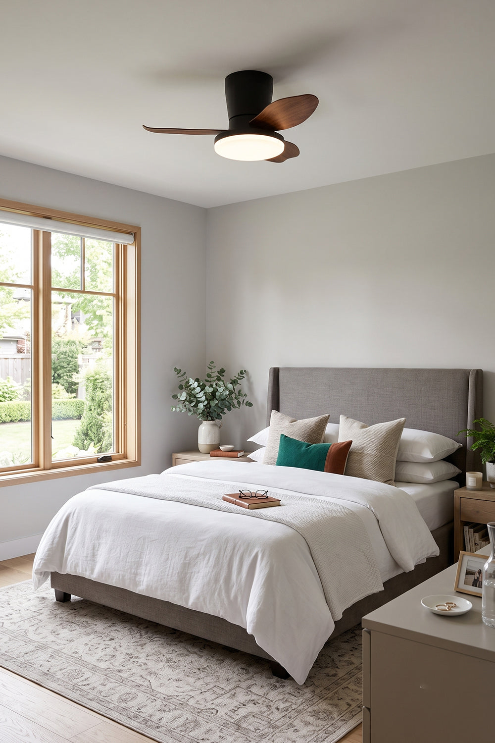 Corin Low-Profile Ceiling Fan Light in a modern bedroom with large windows and a stylish bed decor.