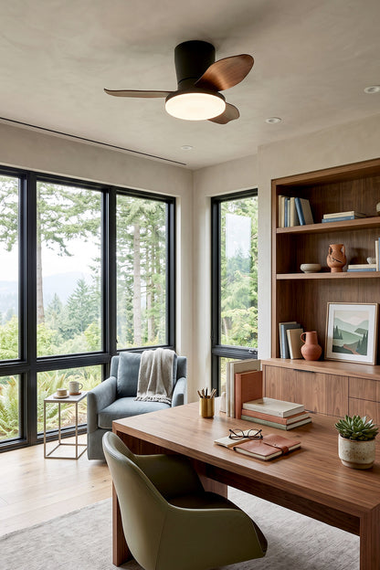 Corin Low-Profile Ceiling Fan Light in a stylish home office with modern decor and large windows.