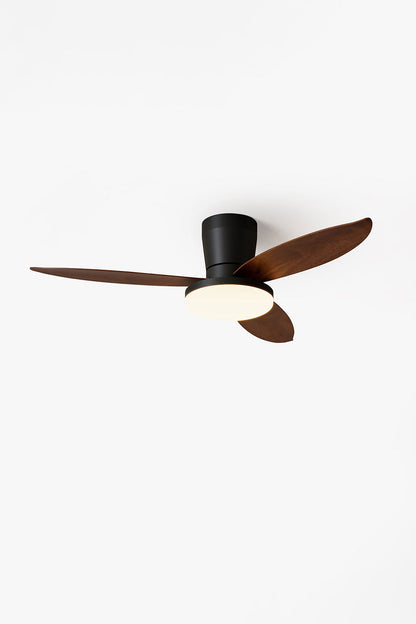 Corin Low-Profile Ceiling Fan Light with curved blades and integrated LED, flush-mounted for low ceiling spaces.
