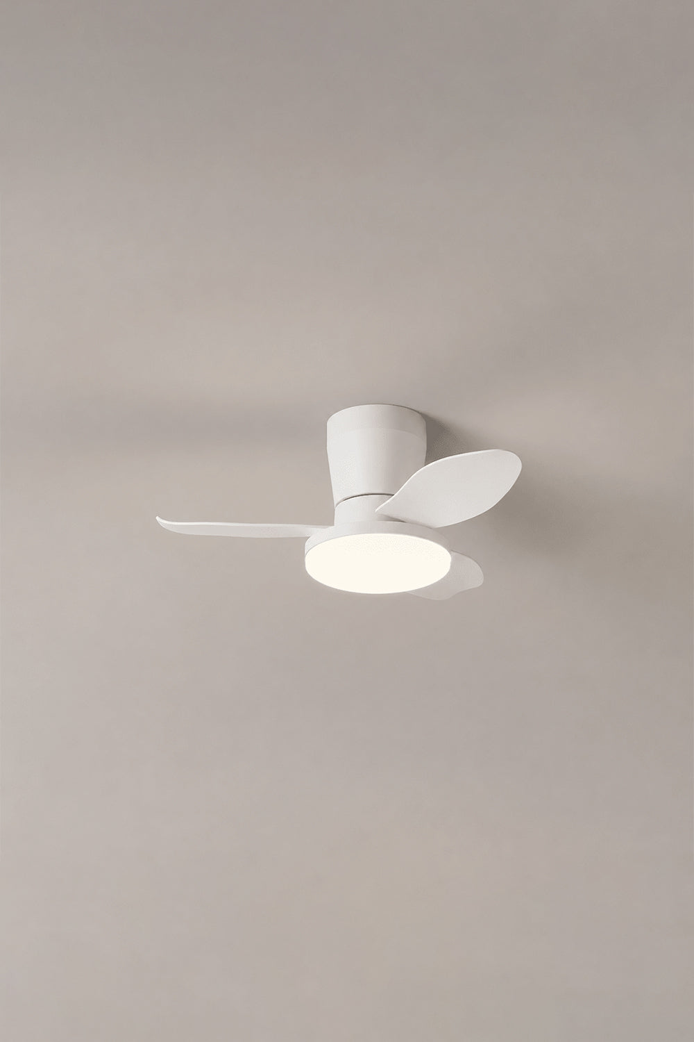 Corin Low-Profile Ceiling Fan Light with three blades and integrated LED light in a sleek flush-mount design.
