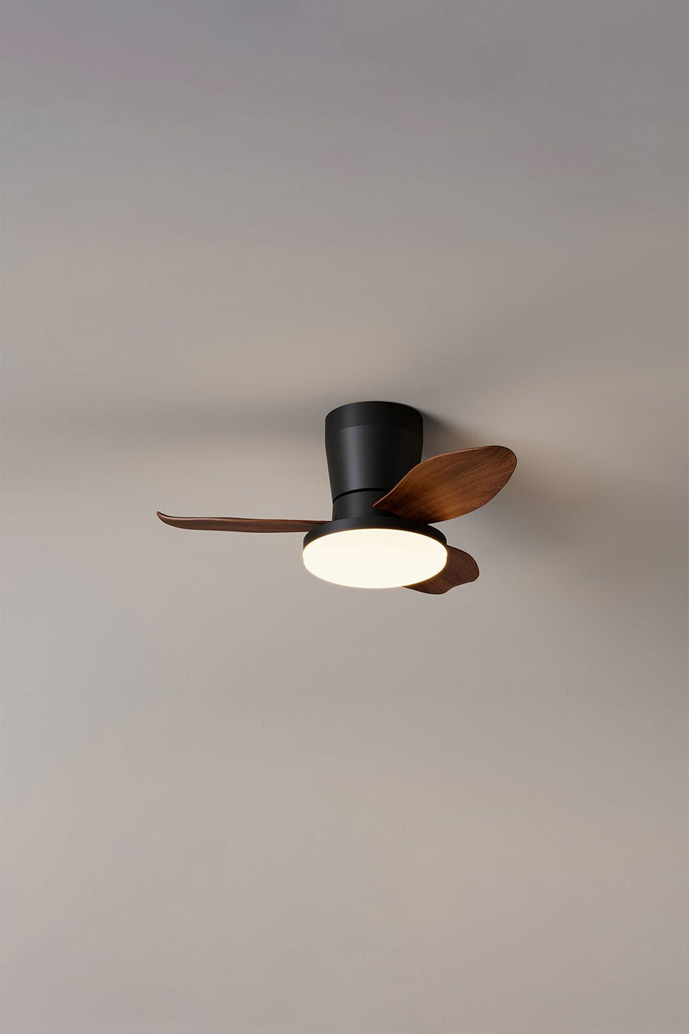 Corin Low-Profile Ceiling Fan Light with three curved blades and integrated LED.
