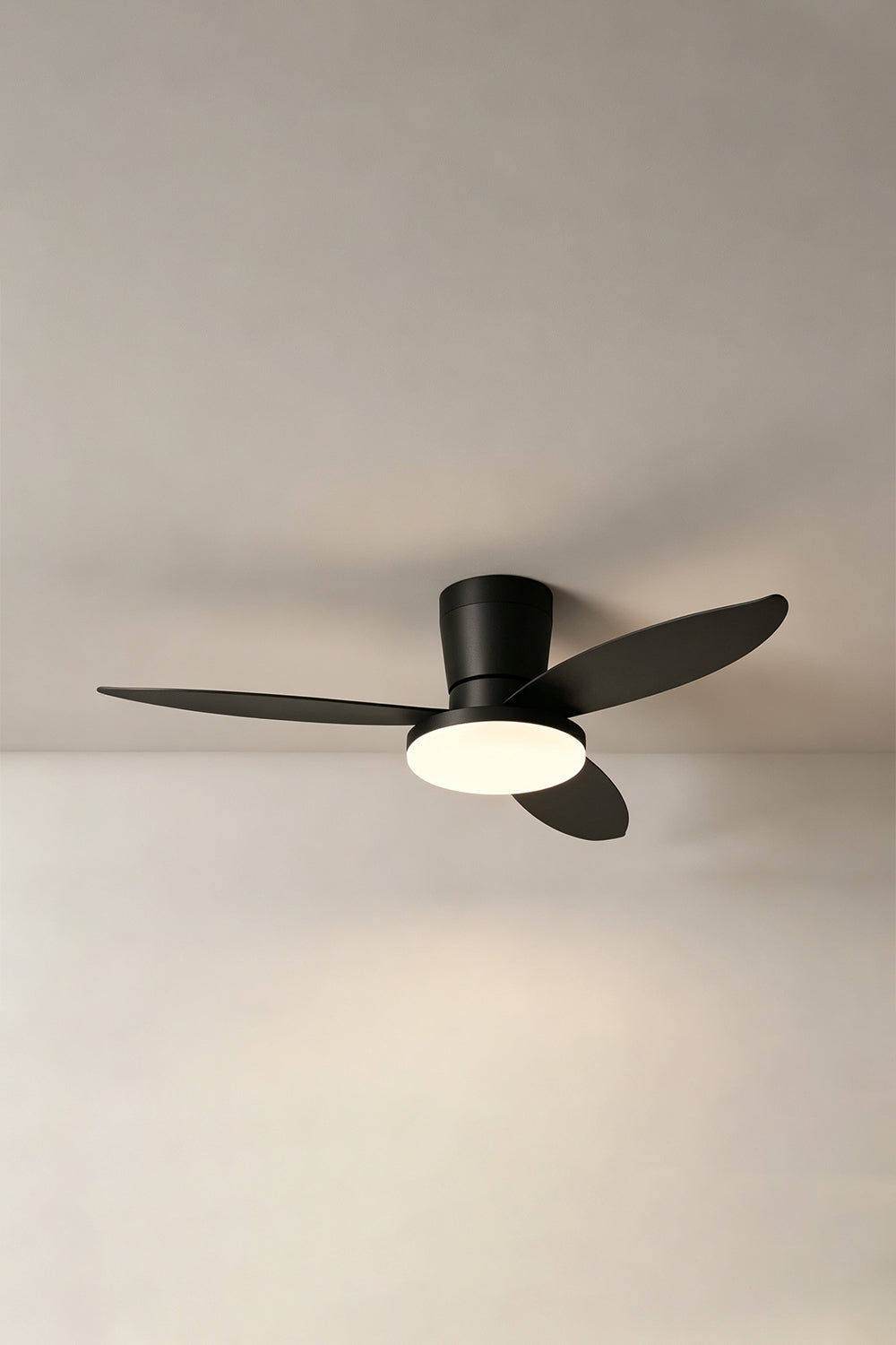 Corin Low-Profile Ceiling Fan Light with three curved blades and integrated LED design for modern spaces.