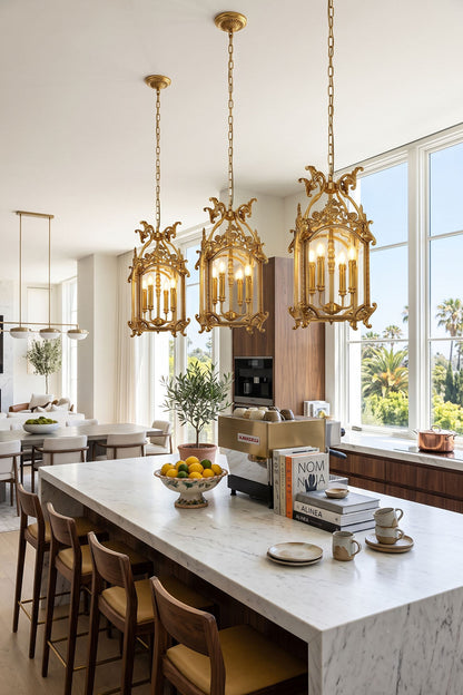Corwin Glazed Brass Pendant Light elegantly enhances a modern kitchen with three stylish fixtures.