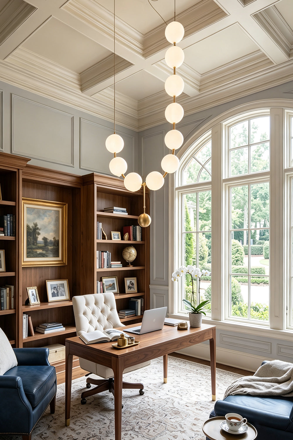 Delphine Pearl Strand Chandelier hanging in a stylish office with large windows and elegant decor.