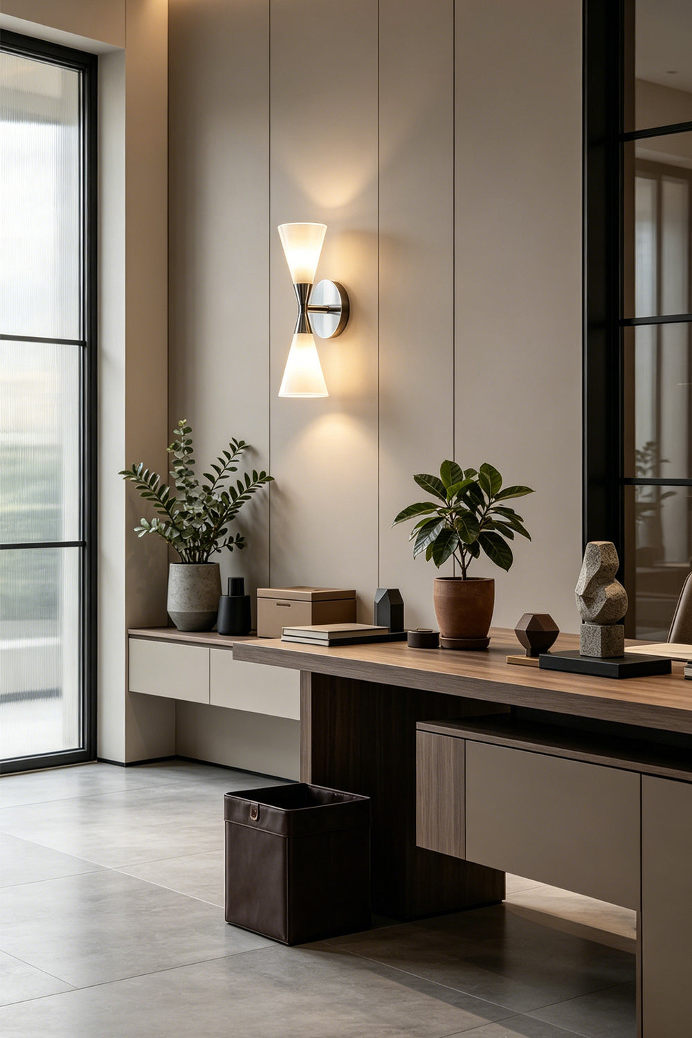 Diabolo Symmetry Glass Wall Sconce illuminating a modern workspace with plants and stylish decor.
