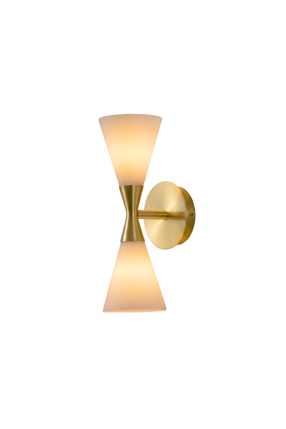 Diabolo Symmetry Glass Wall Sconce featuring brushed brass and dual opaque glass shades for modern elegance.