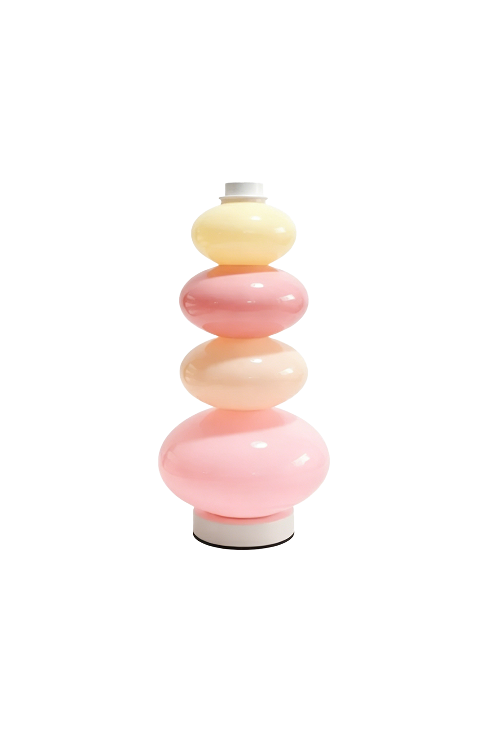 Dolce Stacked Pastel Glass Table Lamp | Glass, Metal | Colorful stacked pebble-shaped glass table lamp with pastel yellow, peach, and pink tiers glowing warmly | Isolated lit product shot on white background | vexa lamps