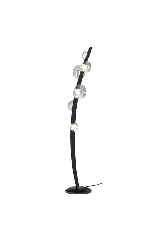 Drosia Dewdrop Floor Lamp | Glass, Metal | Isolated product view of a modern minimalist floor lamp featuring an organic curved matte black iron stem adorned with a cluster of clear glass spherical dewdrop shades | White background | vexa lamps