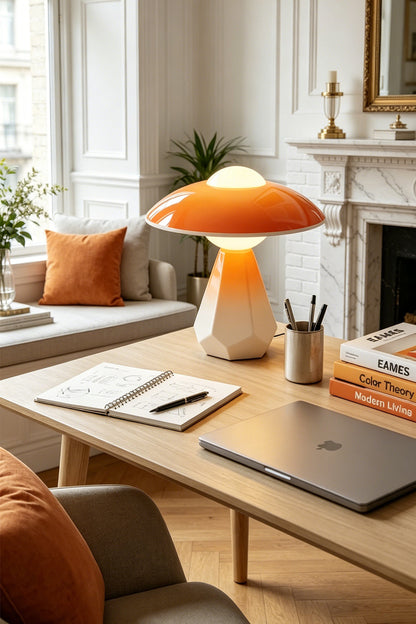 Duskora Retro Mushroom Table Lamp | Ceramic, Glass | Standing as a stylish accent light on a light wood office desk next to a laptop and desk accessories | vexa lamps